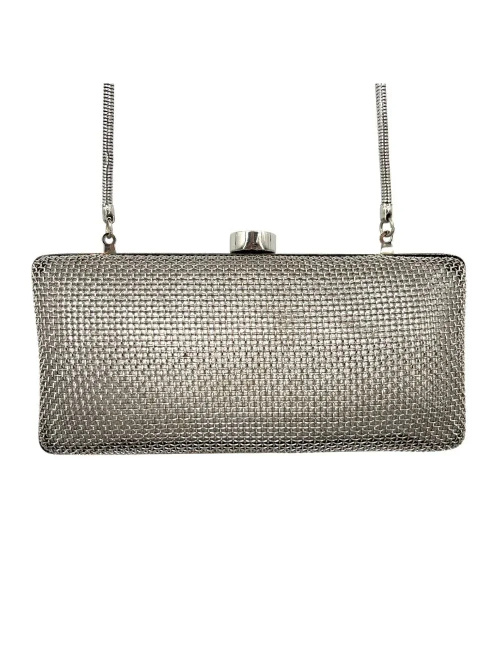 Oroton Freize Woven Silver Mesh Box Clutch Chain Strap Evening Glamour Retro